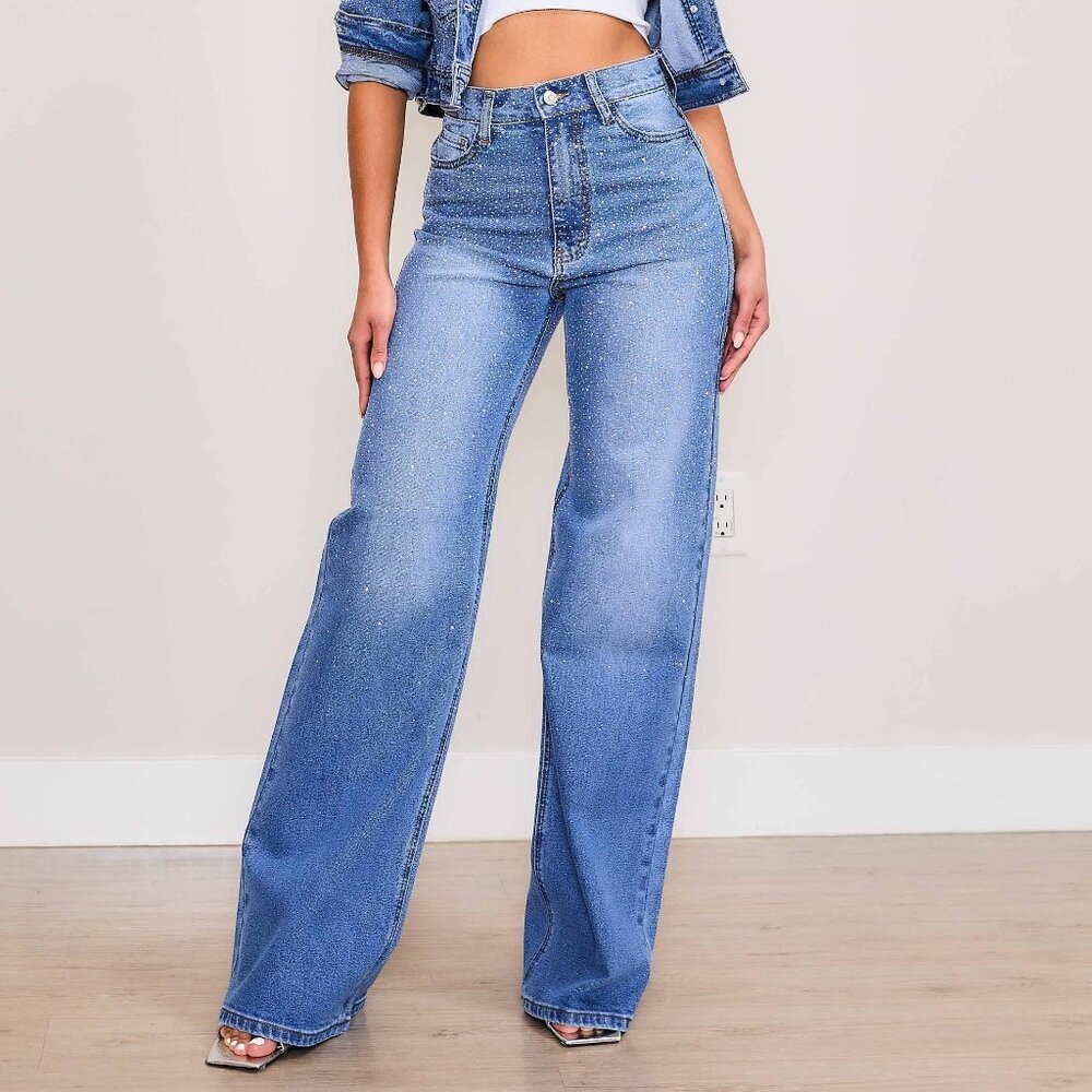Iridescent Rhinestone High-Rise Wide Leg Jeans